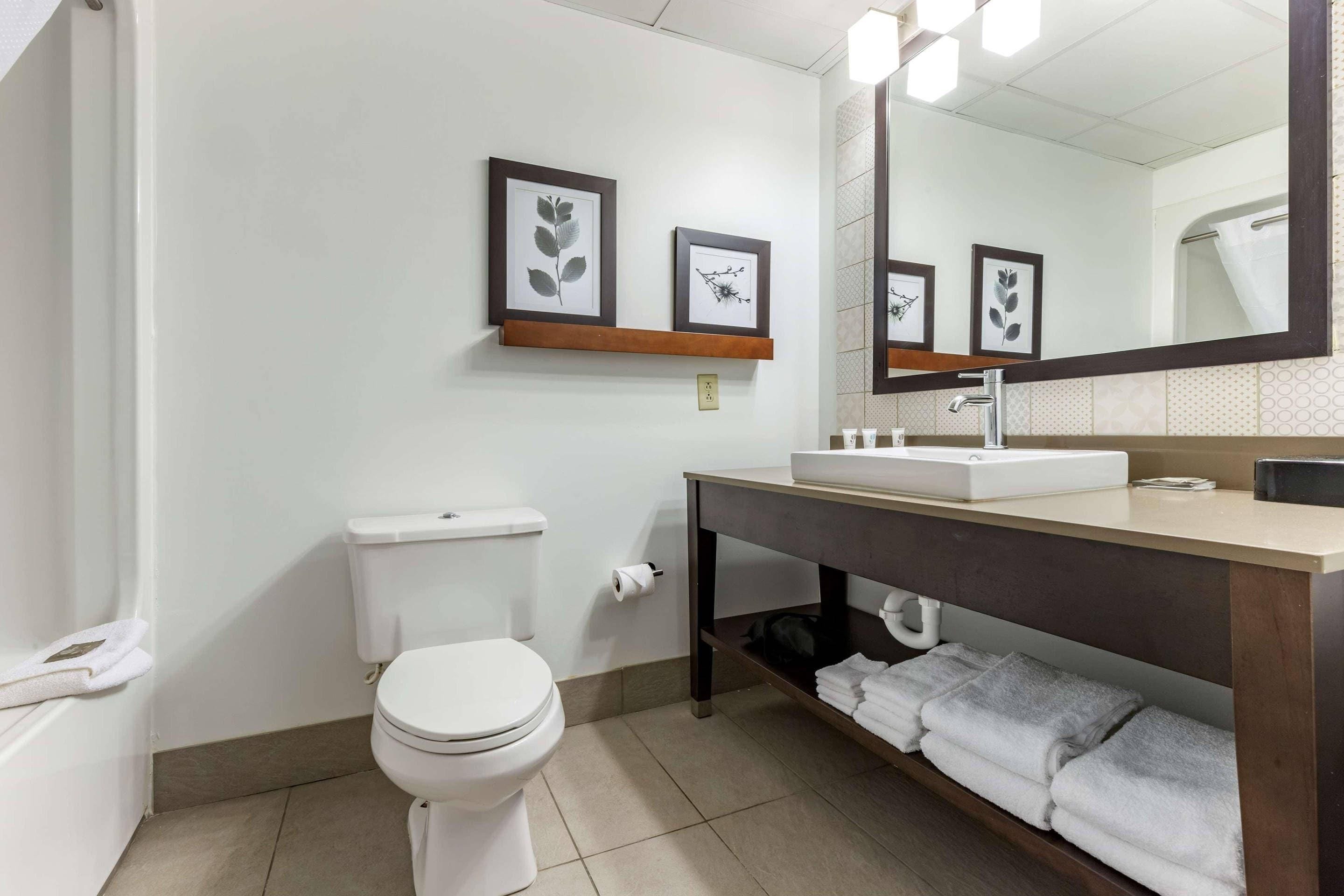 Une salle de bain avec des toilettes, un lavabo et un miroir. Des tableaux encadrés ornent le mur.