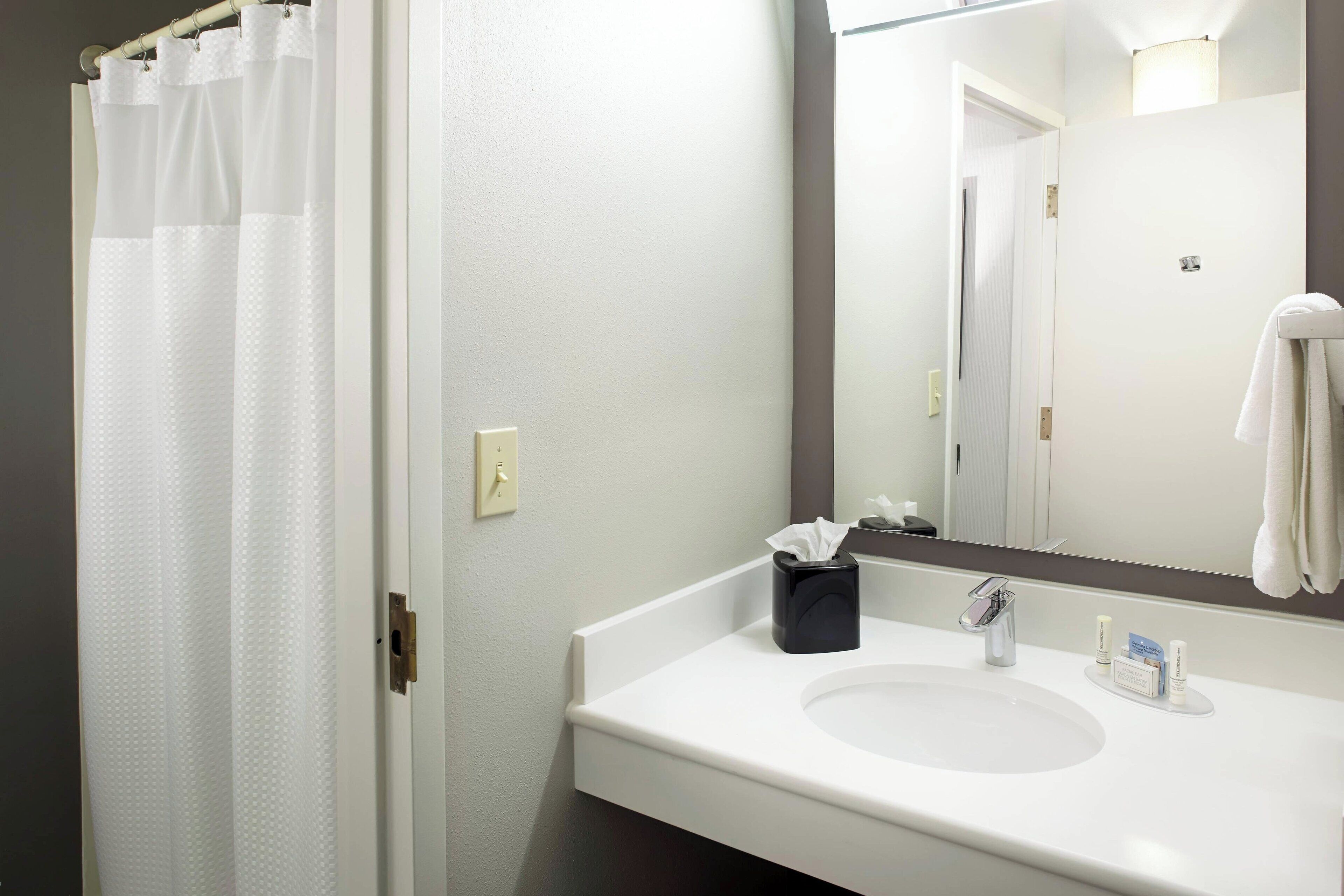 combined shower/bathtub, free toiletries, hair dryer, towels