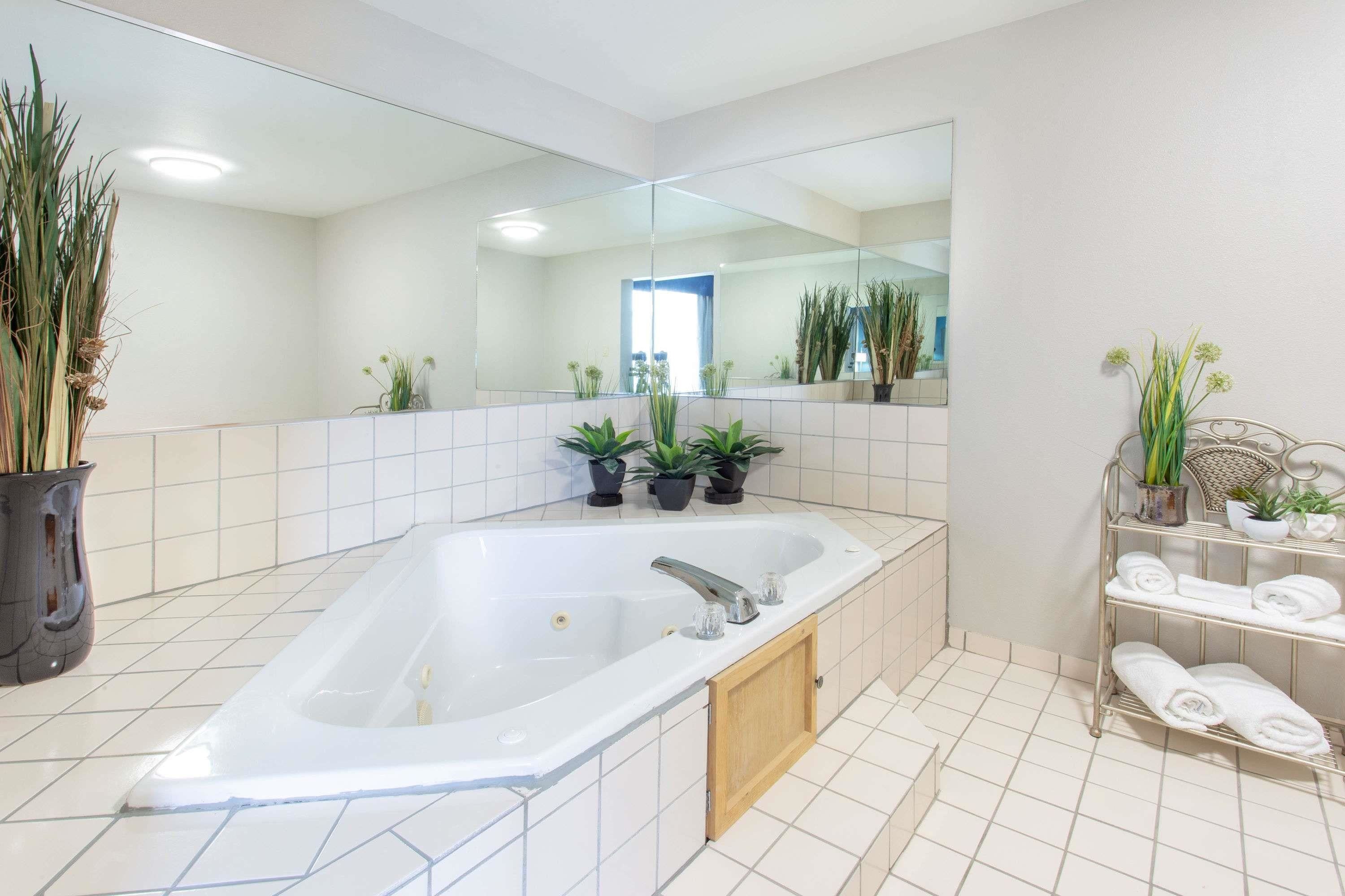 Un baño moderno con una bañera grande, un espejo y plantas en macetas.
