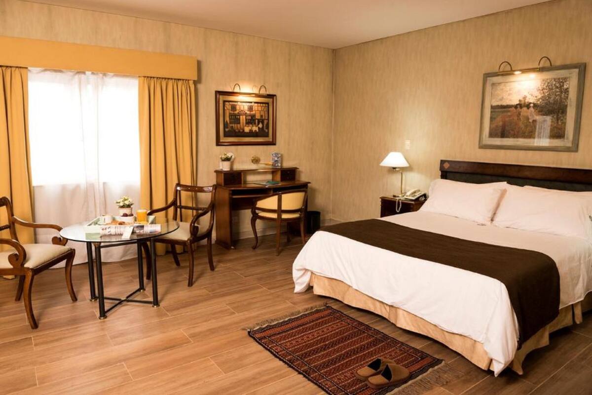 A hotel room with a bed, a desk, two chairs, a table, a lamp, and a rug.