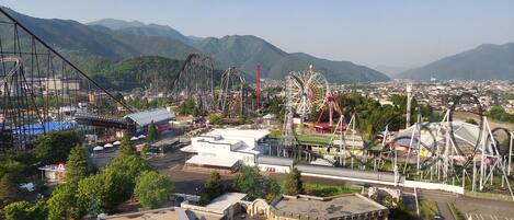 A theme park with roller coasters, a Ferris wheel, and a carousel.