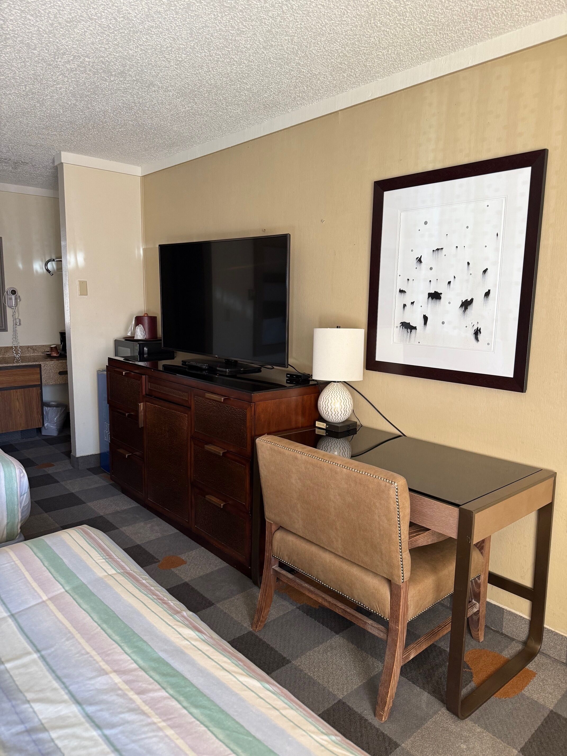 Habitación de hotel con una cama, un escritorio con una silla, un televisor, una lámpara y un cuadro en la pared.