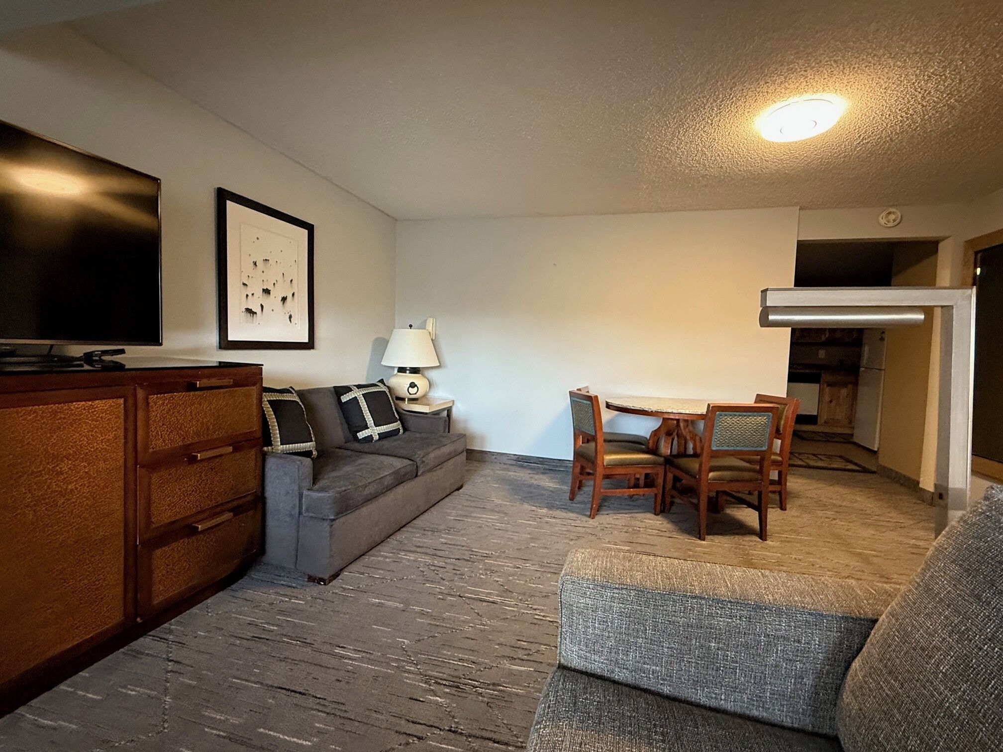 A compact living space with a sofa, a dining table with chairs, a TV, a lamp, and a framed picture on the wall.