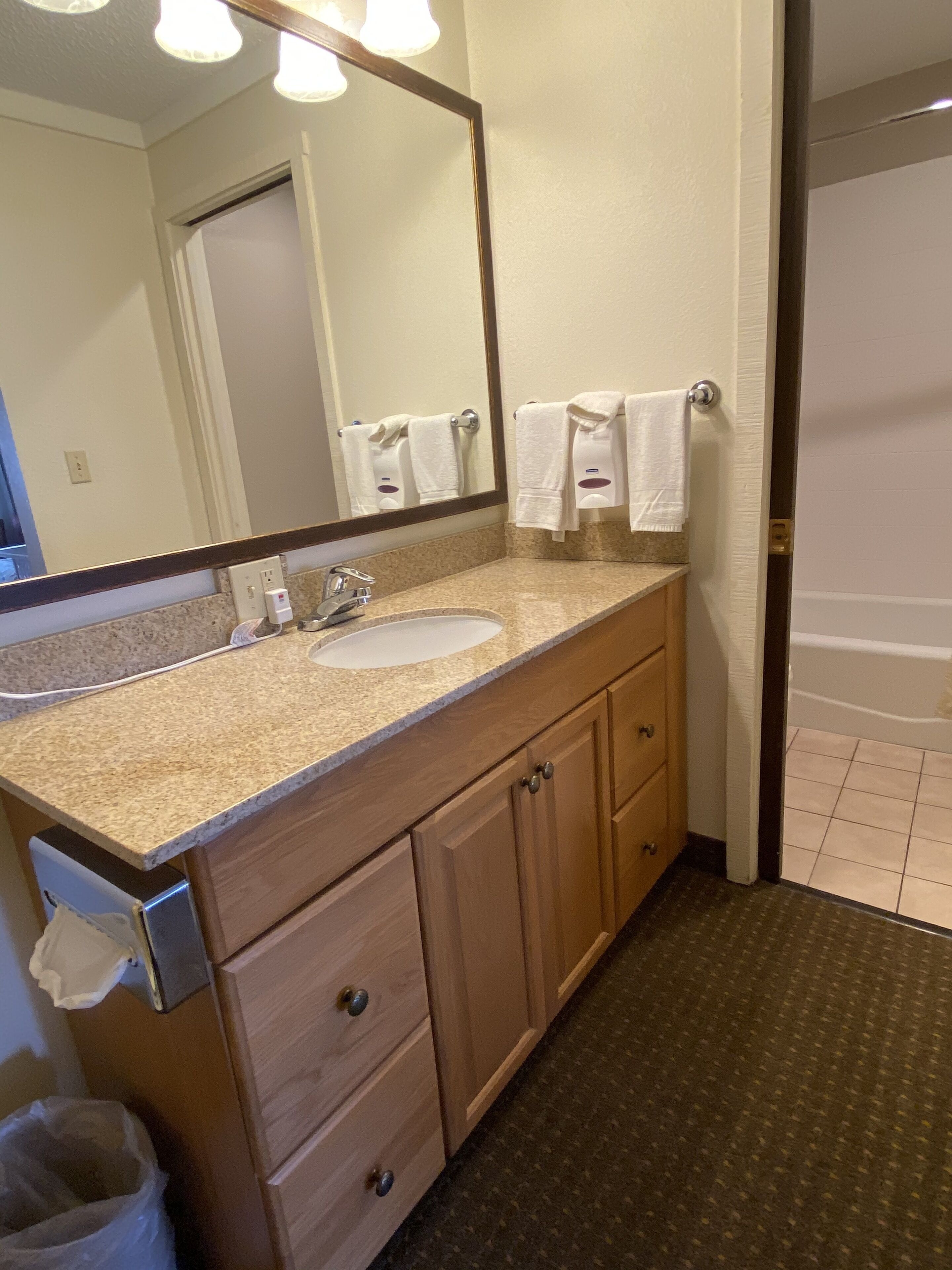 A bathroom with a sink, mirror, towel rack, and wooden cabinets.