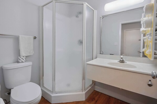 Une salle de bain comprenant des toilettes, une douche fermée par une paroi de verre et un lavabo avec un miroir au-dessus.