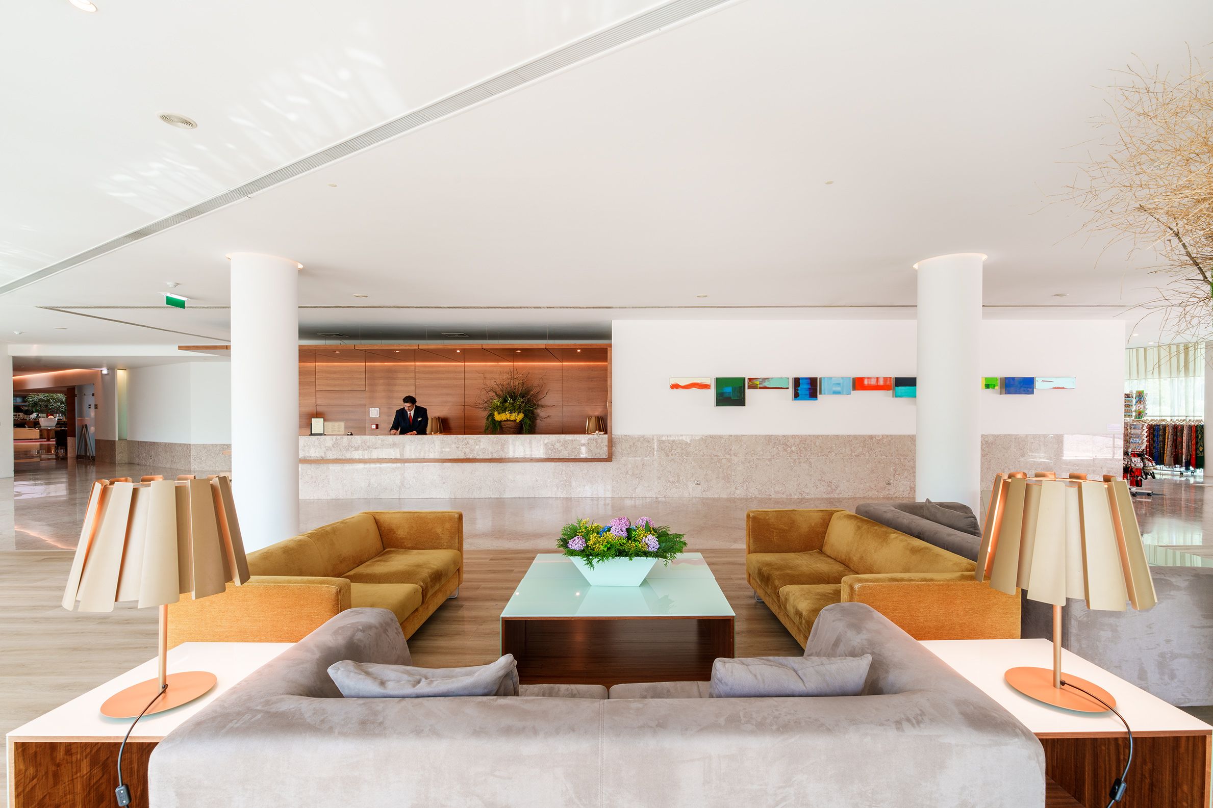 Un vestíbulo moderno con una recepción, dos sofás, una mesa de centro y una planta decorativa.
