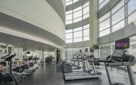 A modern gym with multiple treadmills, stationary bikes, and weight machines.