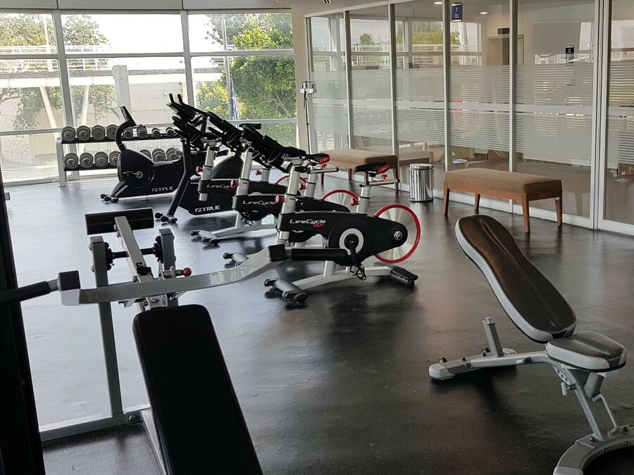 A gym with various exercise equipment, including treadmills and weight machines, and a bench.
