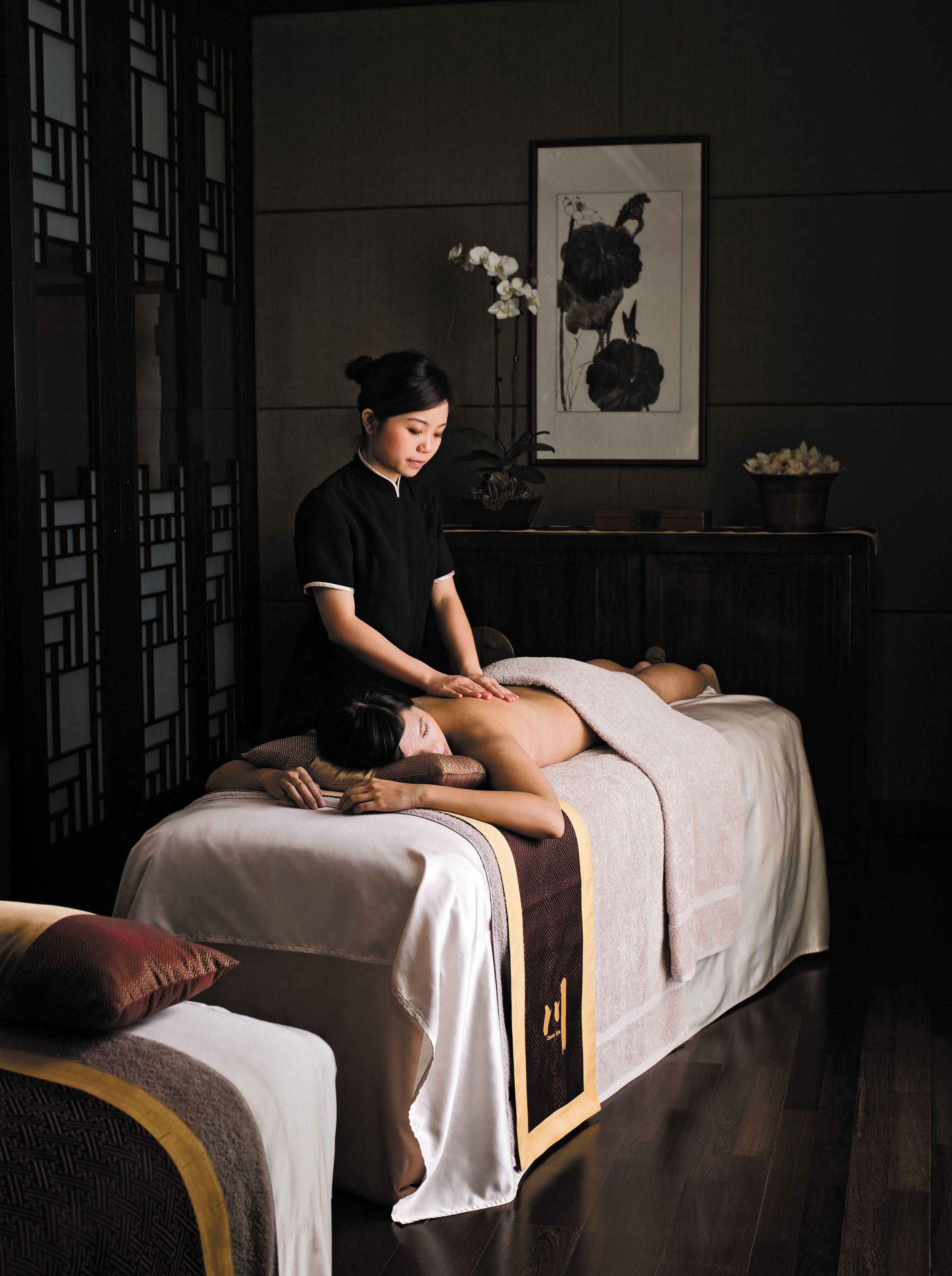 A massage therapy room with a bed, a massage table, a potted plant, and a framed artwork on the wall.