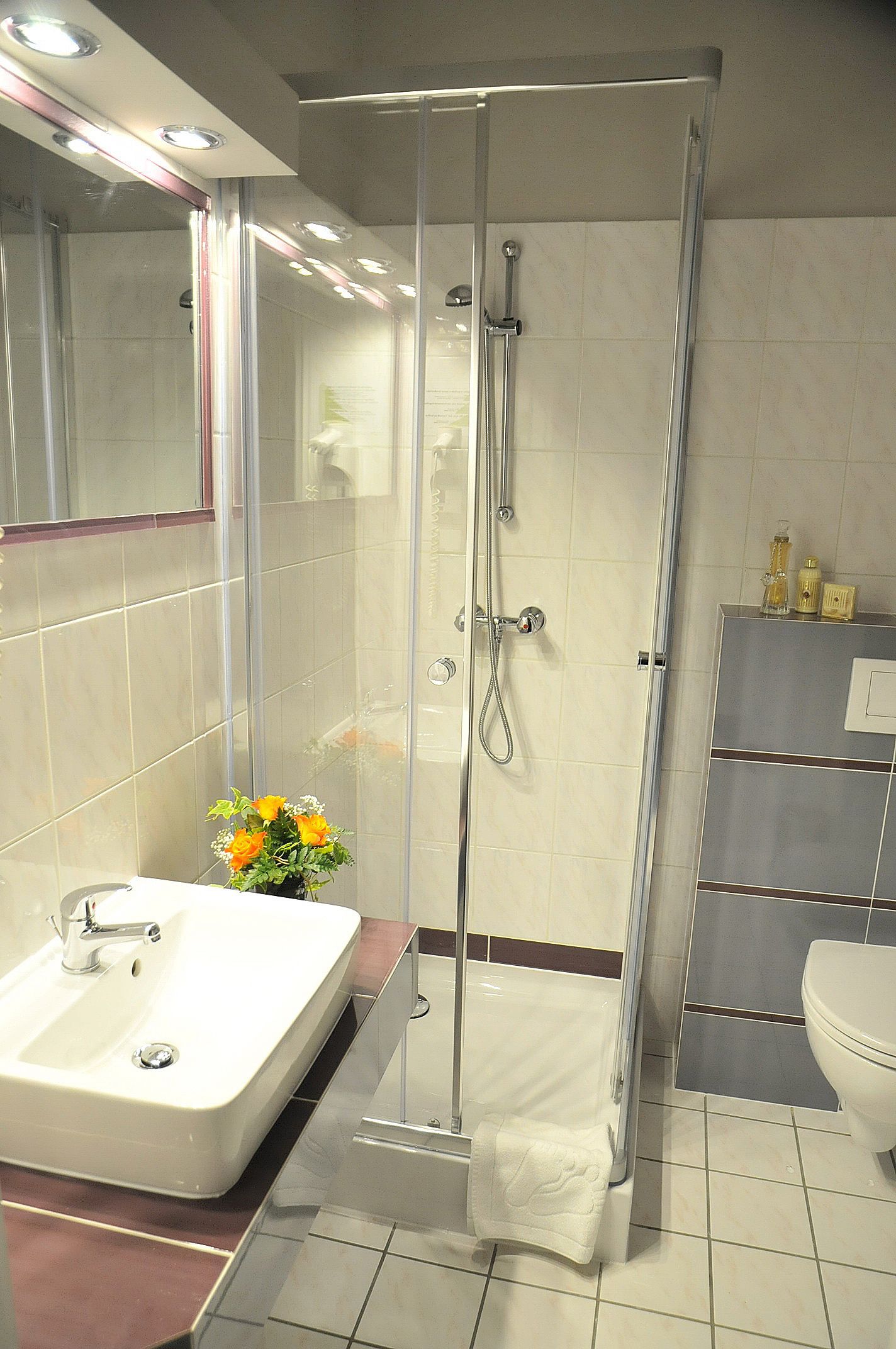 Un baño moderno con ducha envuelta en vidrio, un lavabo blanco y un espejo.