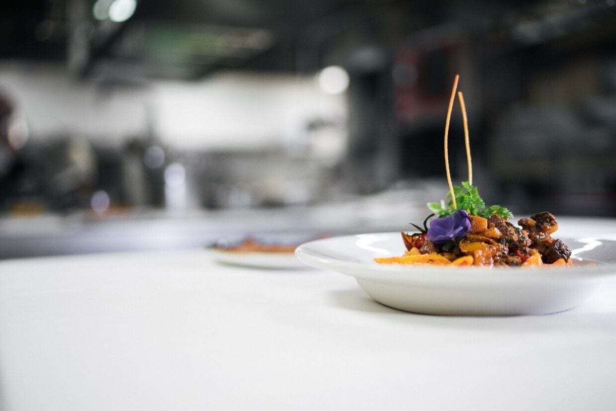 Un plato blanco con un guiso de comida decorado con una flor morada y dos palitos naranjas.