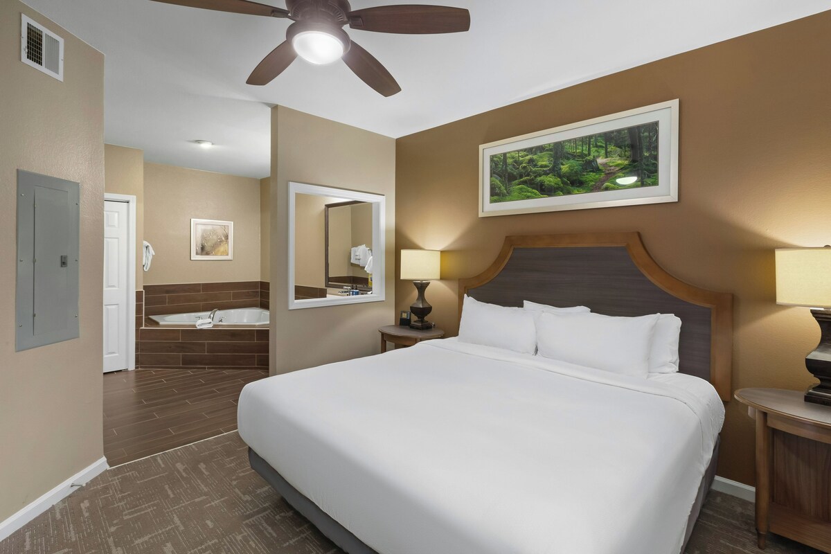 A hotel room with a large bed, a ceiling fan, a bathroom with a bathtub, and a framed picture of a forest on the wall.