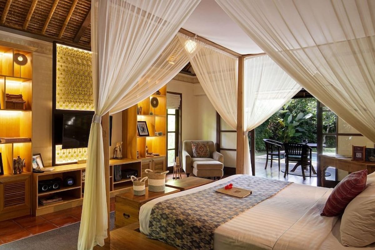 A bedroom with a canopy bed, a television, a bookshelf, and a desk with a chair.