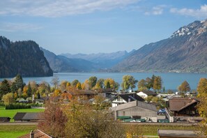 A lakeside village with houses, a large building, and mountains in the background.