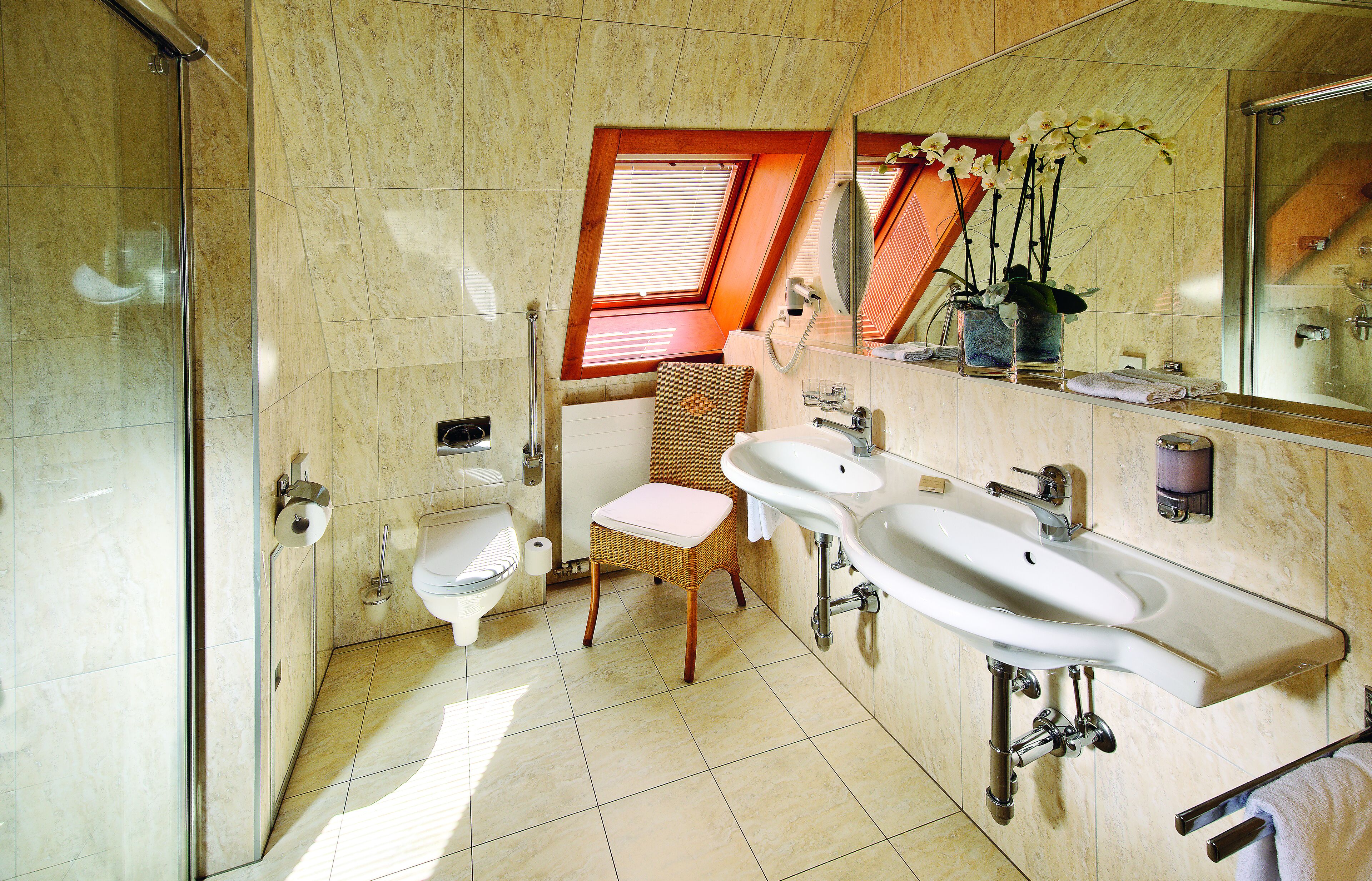 pent suite | bathroom | shower, hair dryer, slippers, towels