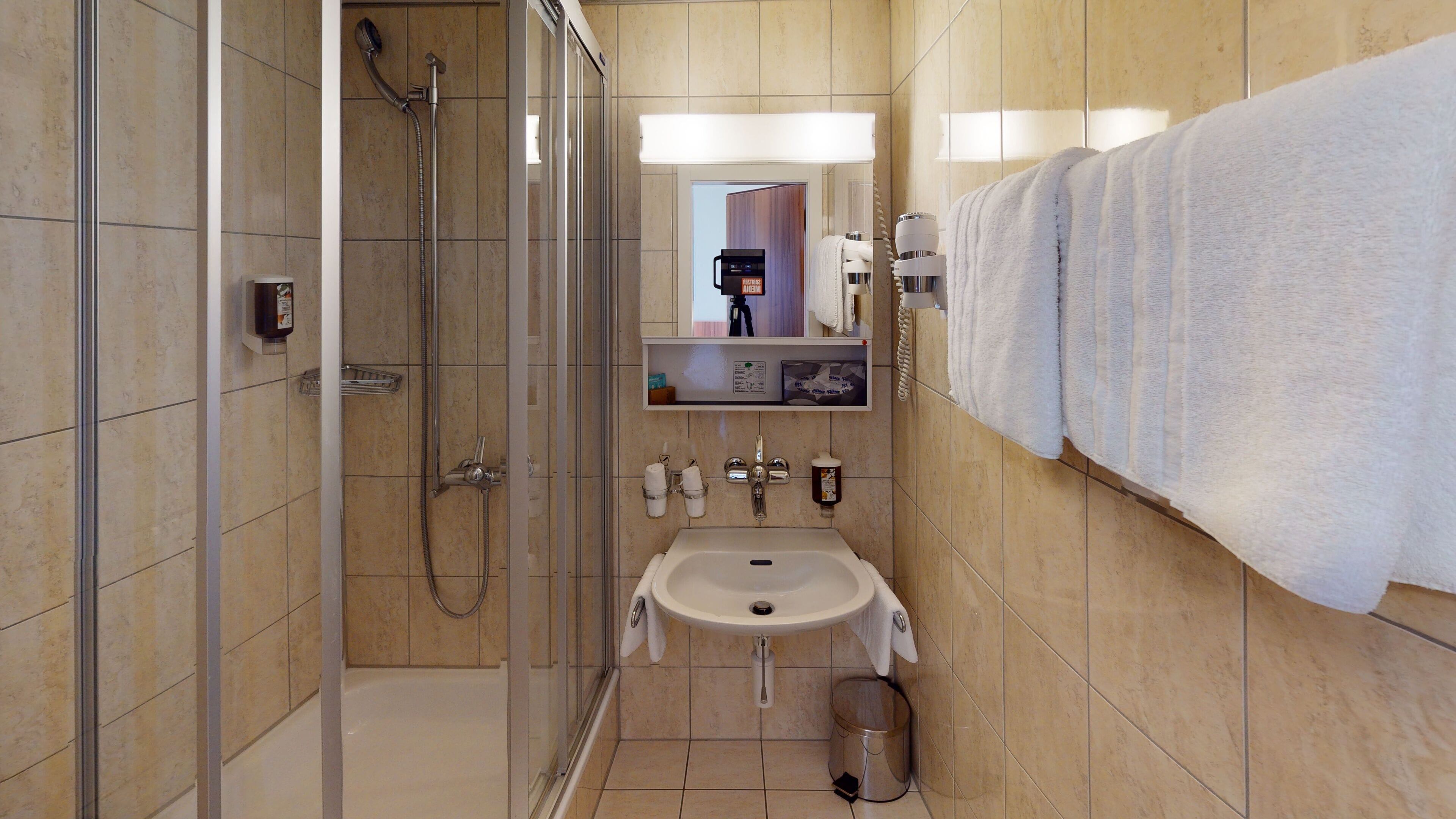 standard double room | bathroom | shower, hair dryer, slippers, towels