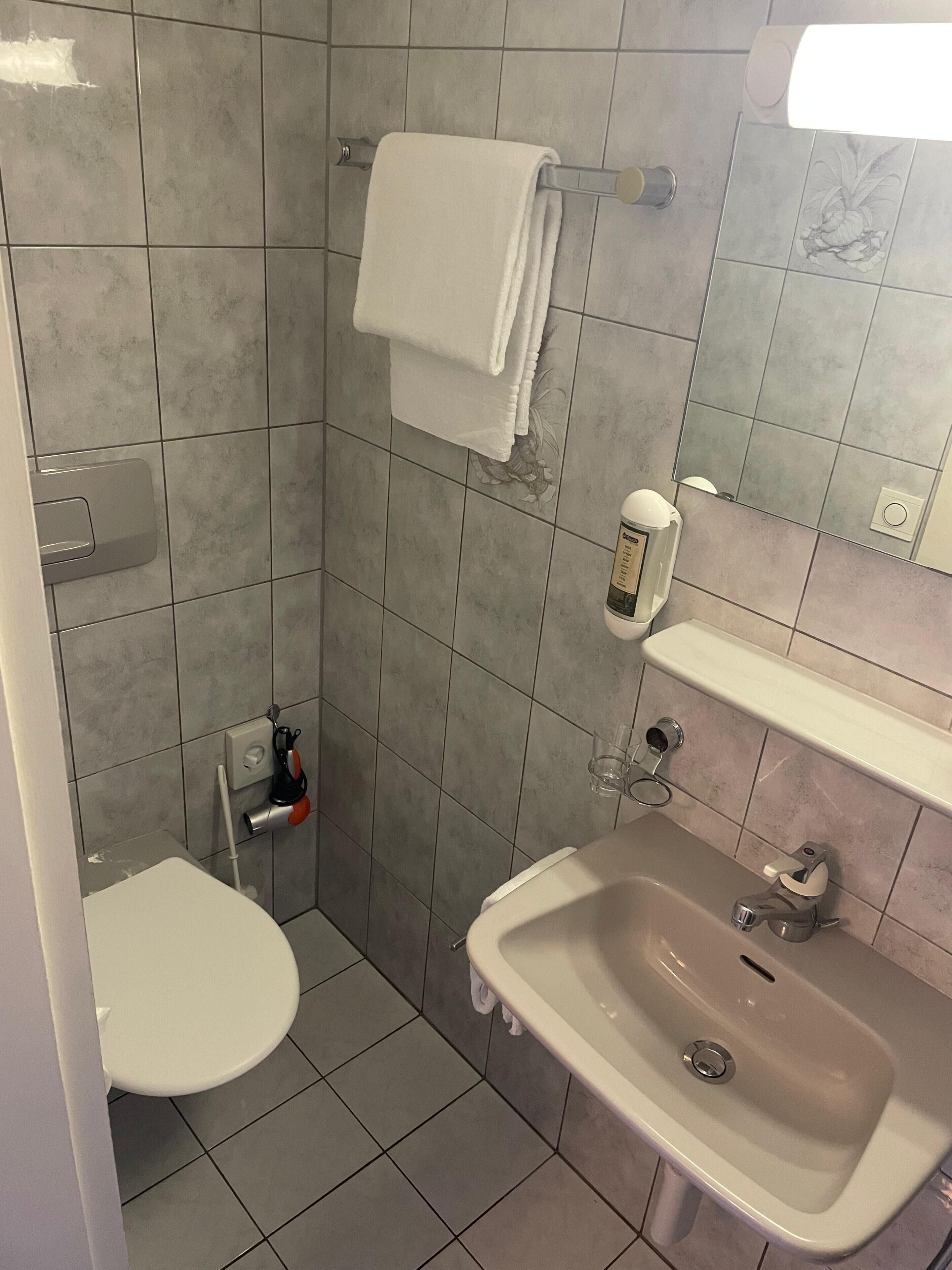 A bathroom with a toilet, sink, towel rack, and a mirror.