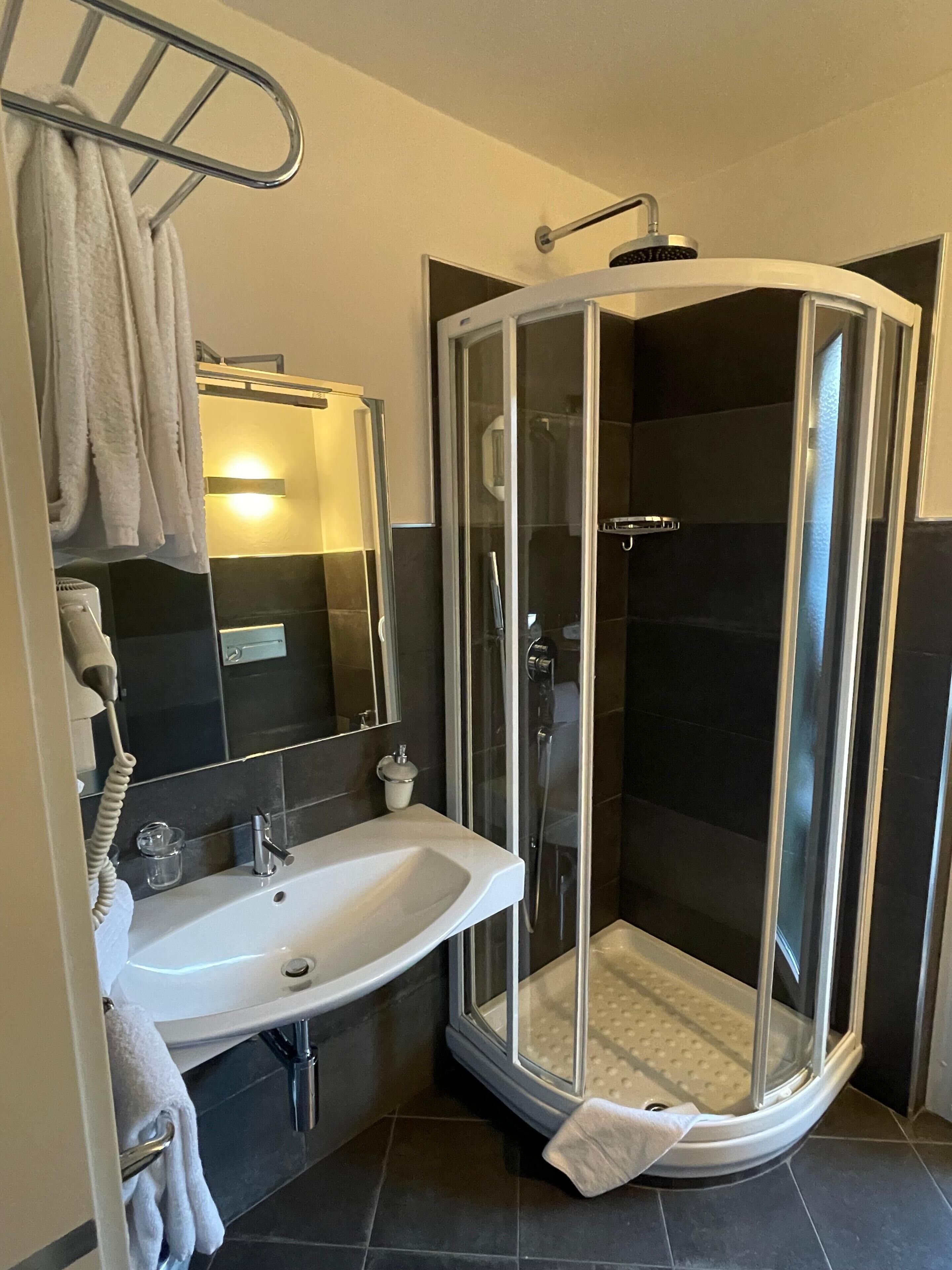 A modern bathroom with a glass-enclosed shower, a white sink, and a towel rack.