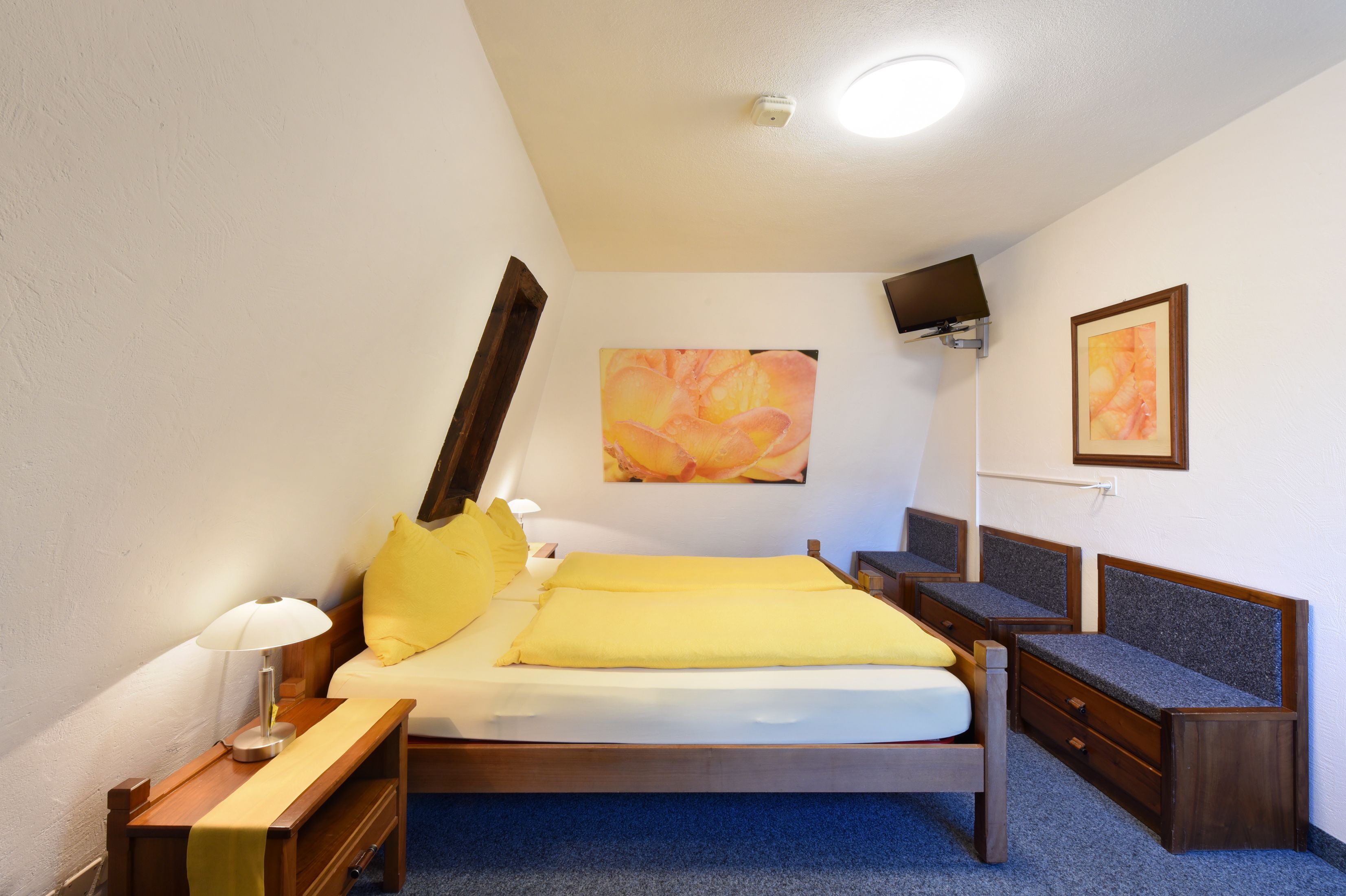 Une chambre à coucher comprenant un lit, des tables de chevet, une lampe, un téléviseur à écran plat fixé au mur et des œuvres d’art.