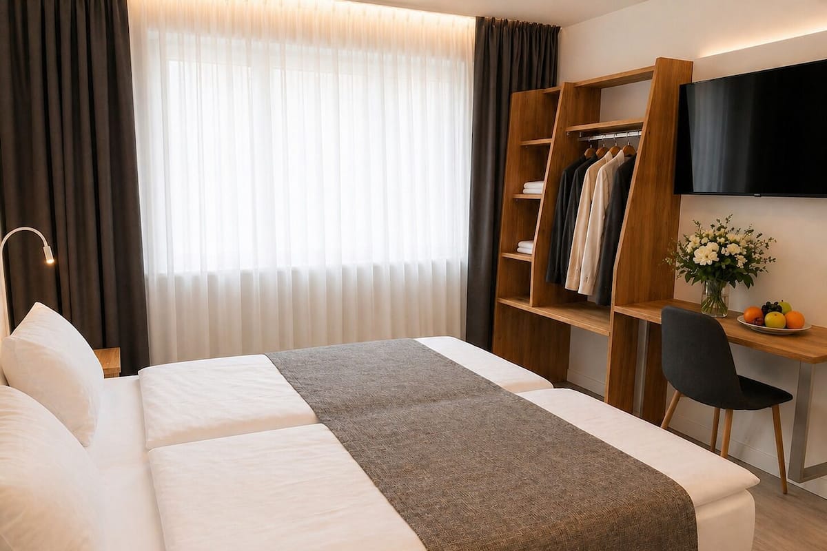 Chambre classique double | Literie hypoallergénique, coffre-fort, décor unique, bureau