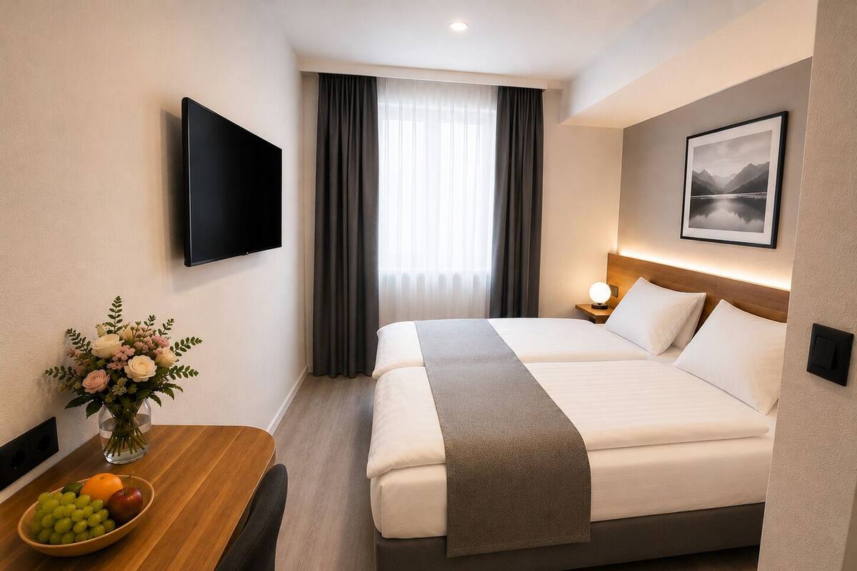 Ein Hotelzimmer mit Bett, Fernseher, Schreibtisch mit Obstschale und Fenster mit Vorhängen.