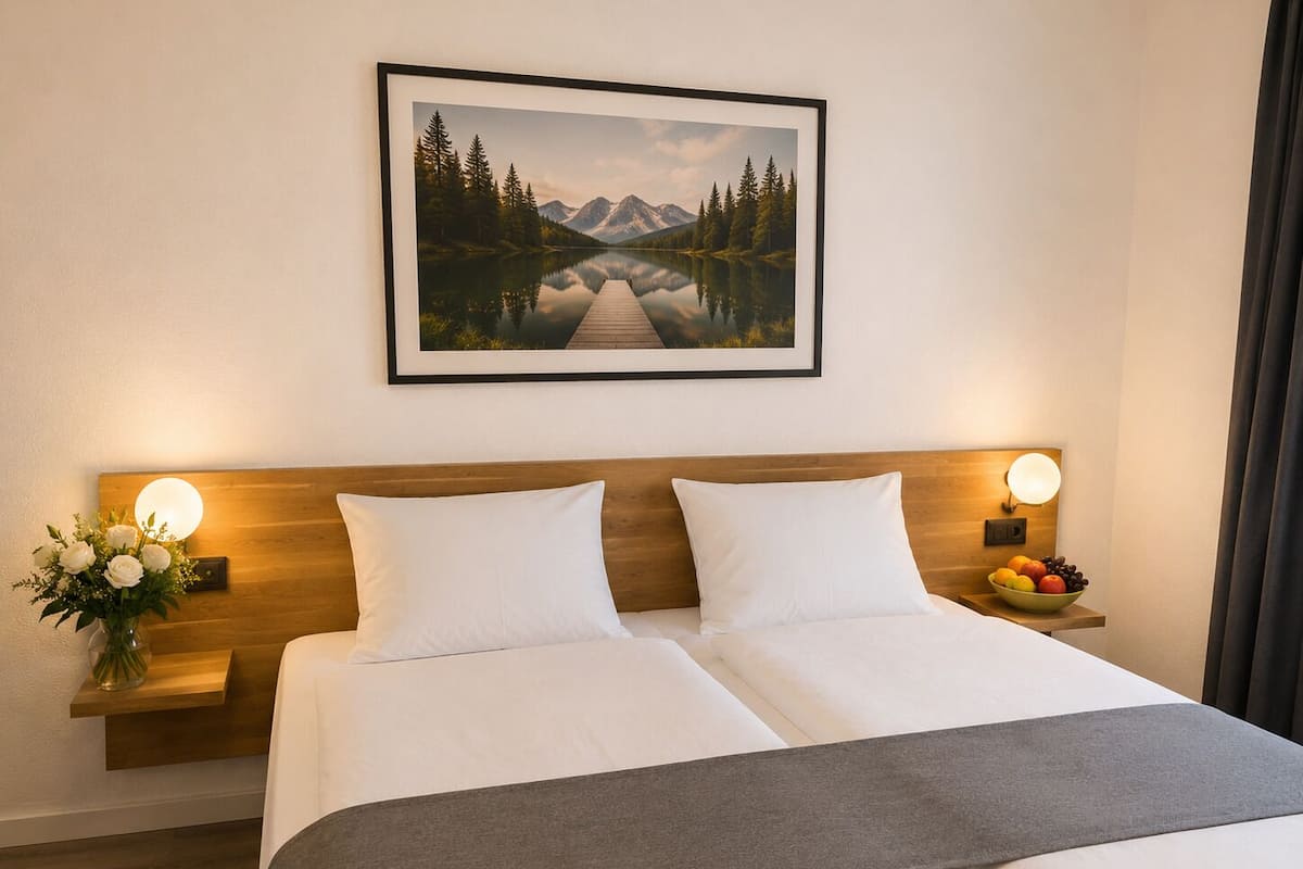 Ein Doppelbett mit weißen Leinentüchern, ein Holz-Kopfbrett, Nachttische mit Lampen, ein gerahmtes Landschaftsbild und eine Vase mit Blumen.