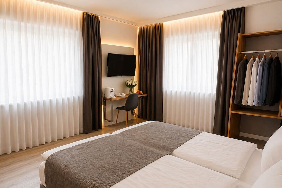 Ein Hotelzimmer mit einem Bett, einem Schreibtisch, einem Sessel, einem Fernseher und einem Kleiderschrank.