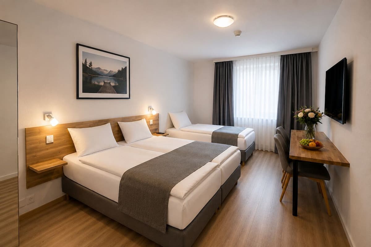 Ein Hotelzimmer mit zwei Betten, einem Schreibtisch, einem Sessel, einem Fernseher und einem gerahmten Bild an der Wand.