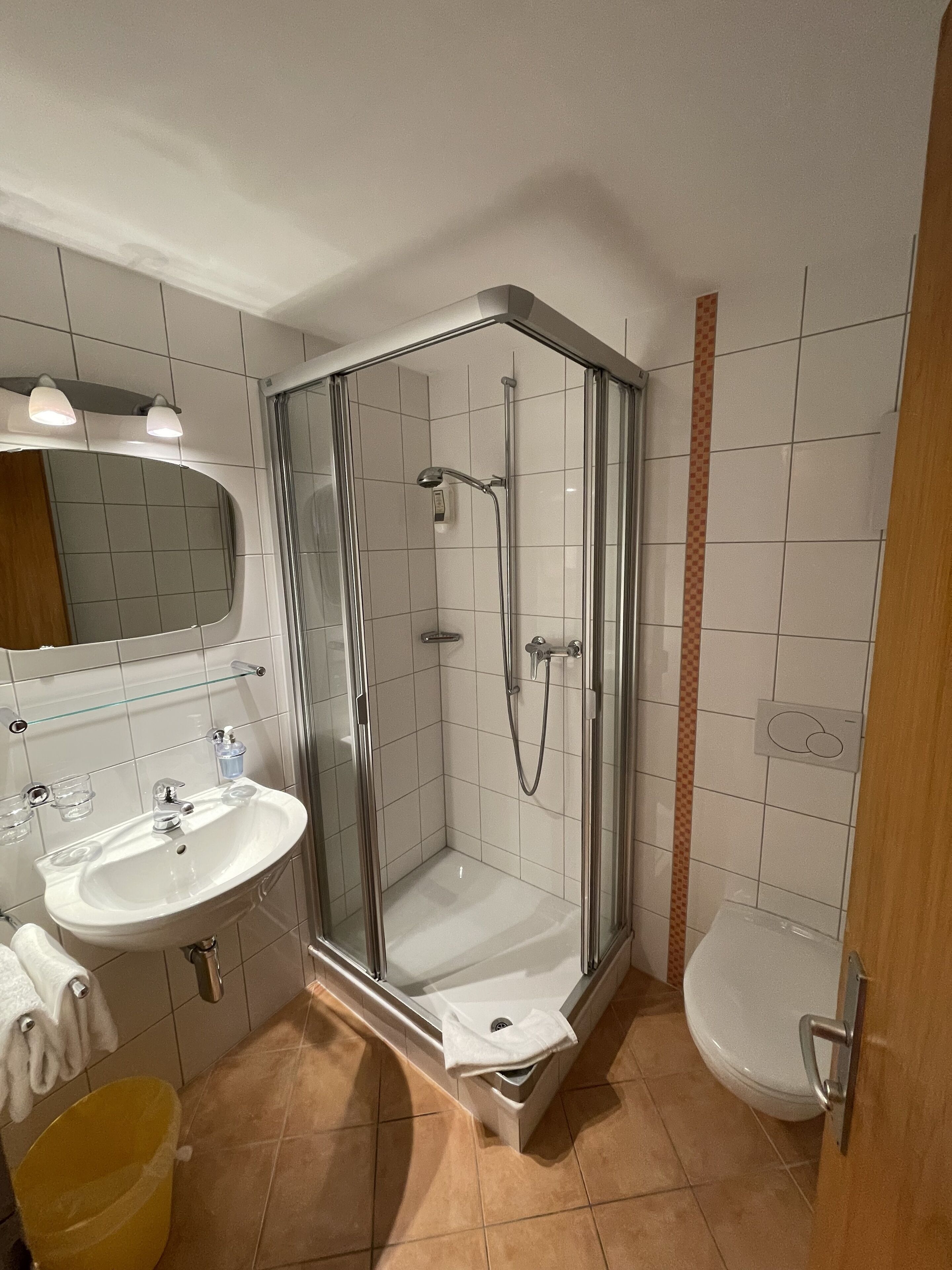 Ein modernes Badezimmer mit einer Duschkabine, einem Waschbecken mit Spiegel und einer Toilette.