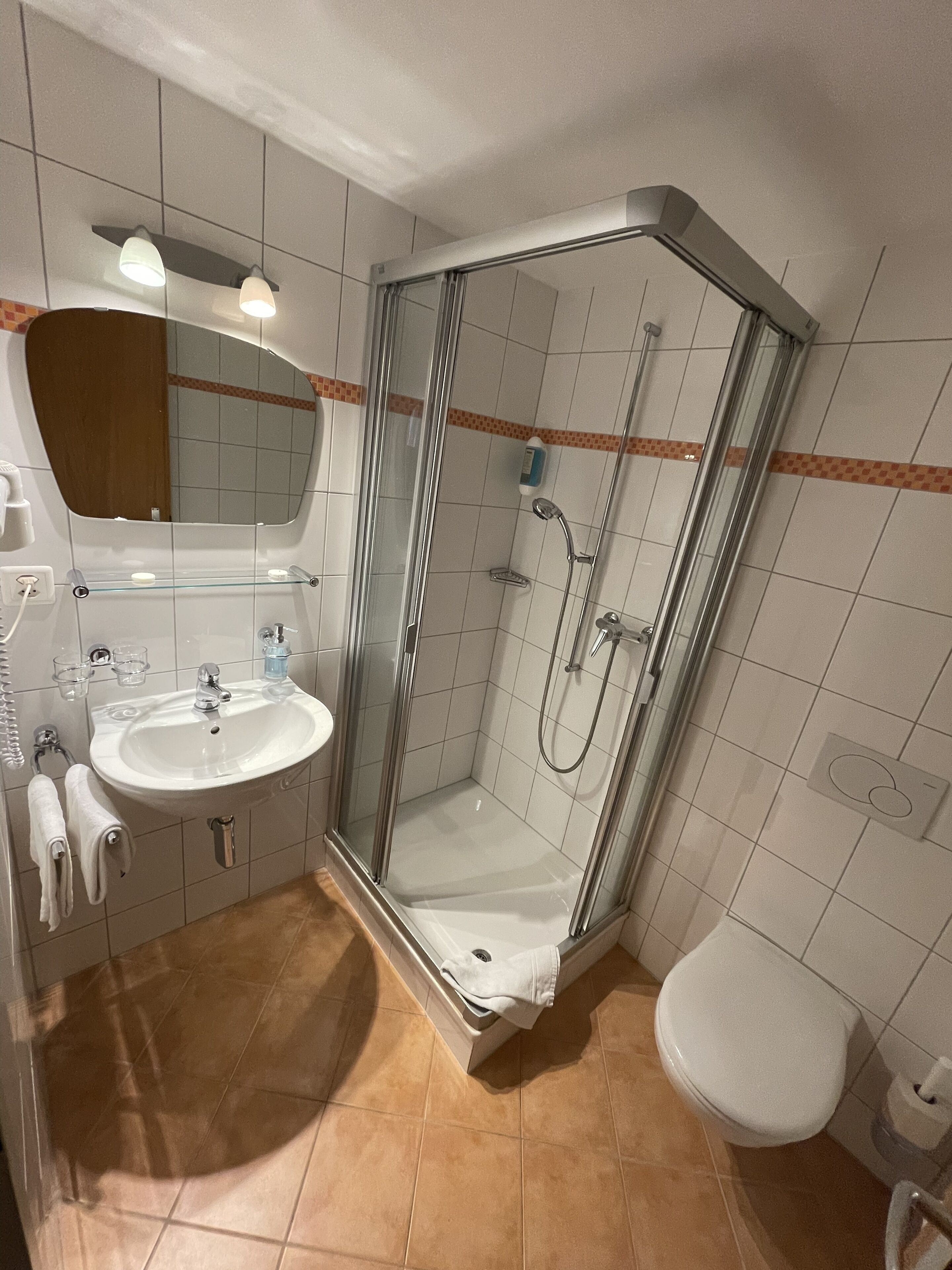 A modern bathroom with a glass-enclosed shower, a sink with a mirror, and a toilet.