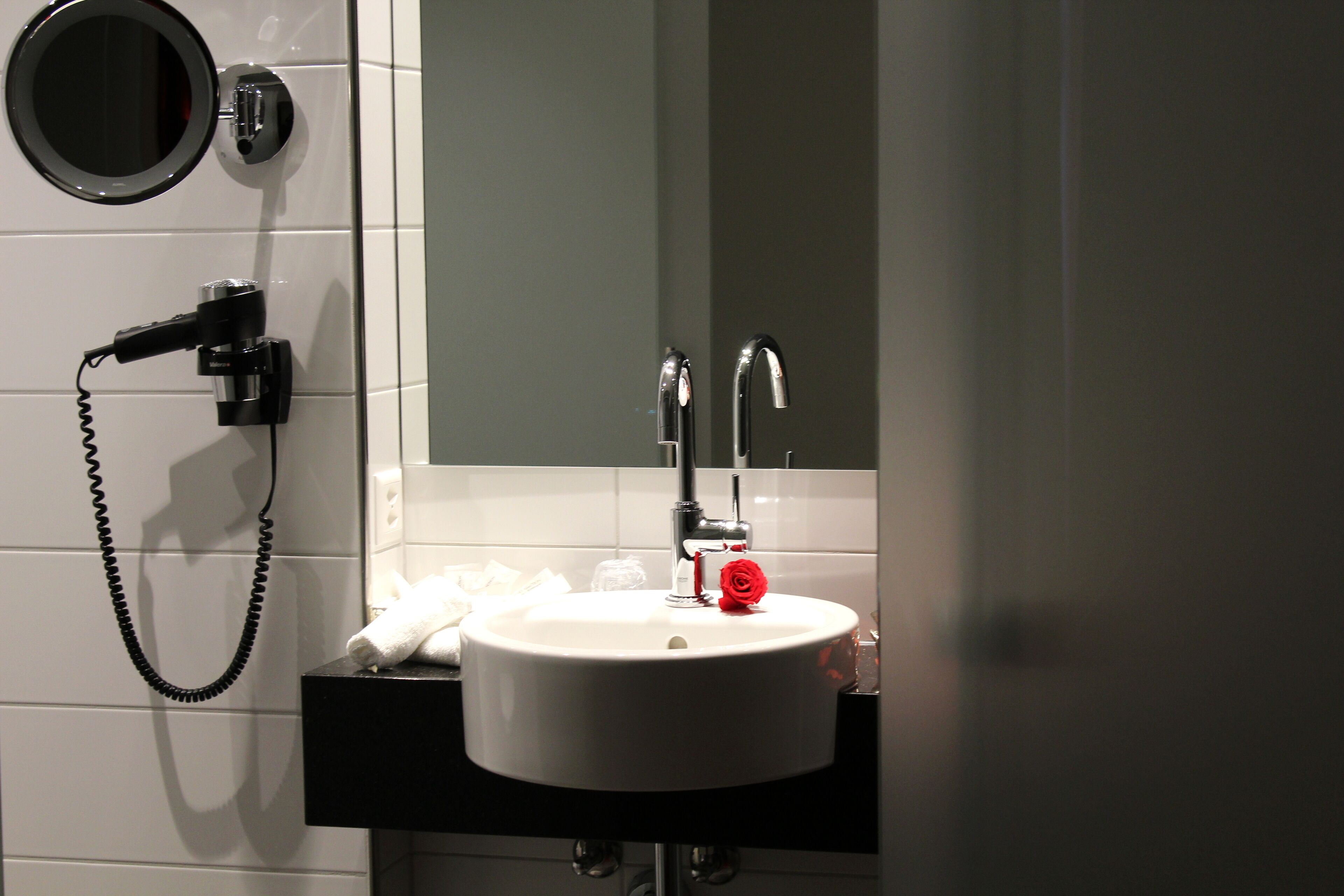 hair dryer, towels, soap, shampoo