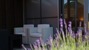 A modern outdoor seating area with wicker furniture and a glass door leading to an interior space. - Crystal Interlaken (Interlaken)