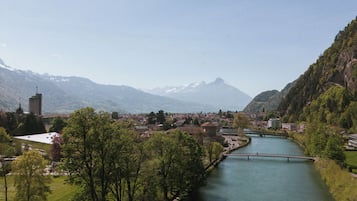 A river with a bridge, surrounded by greenery and mountains.