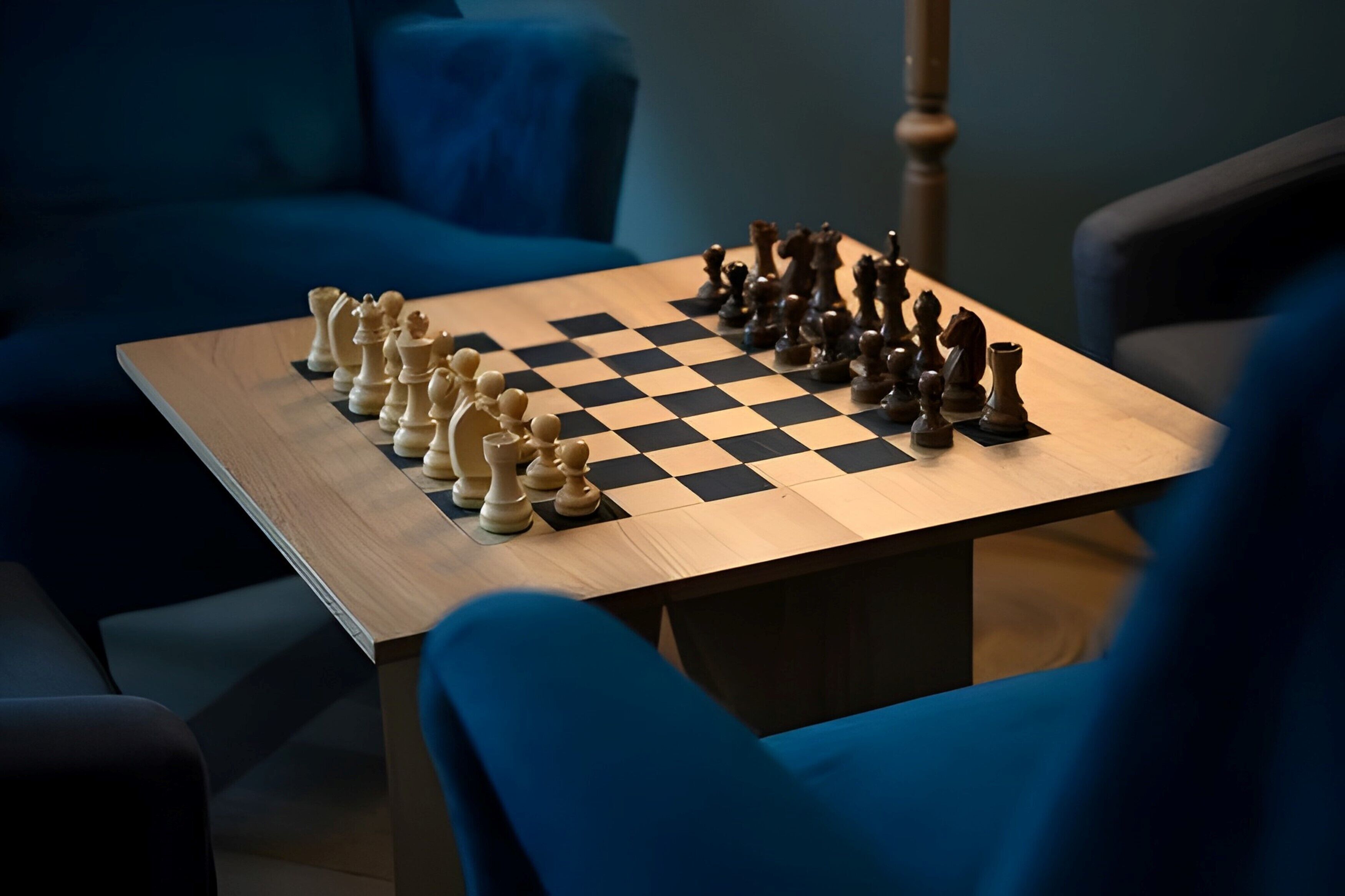 Un tablero de ajedrez sobre una mesa de madera con piezas dispuestas para jugar.