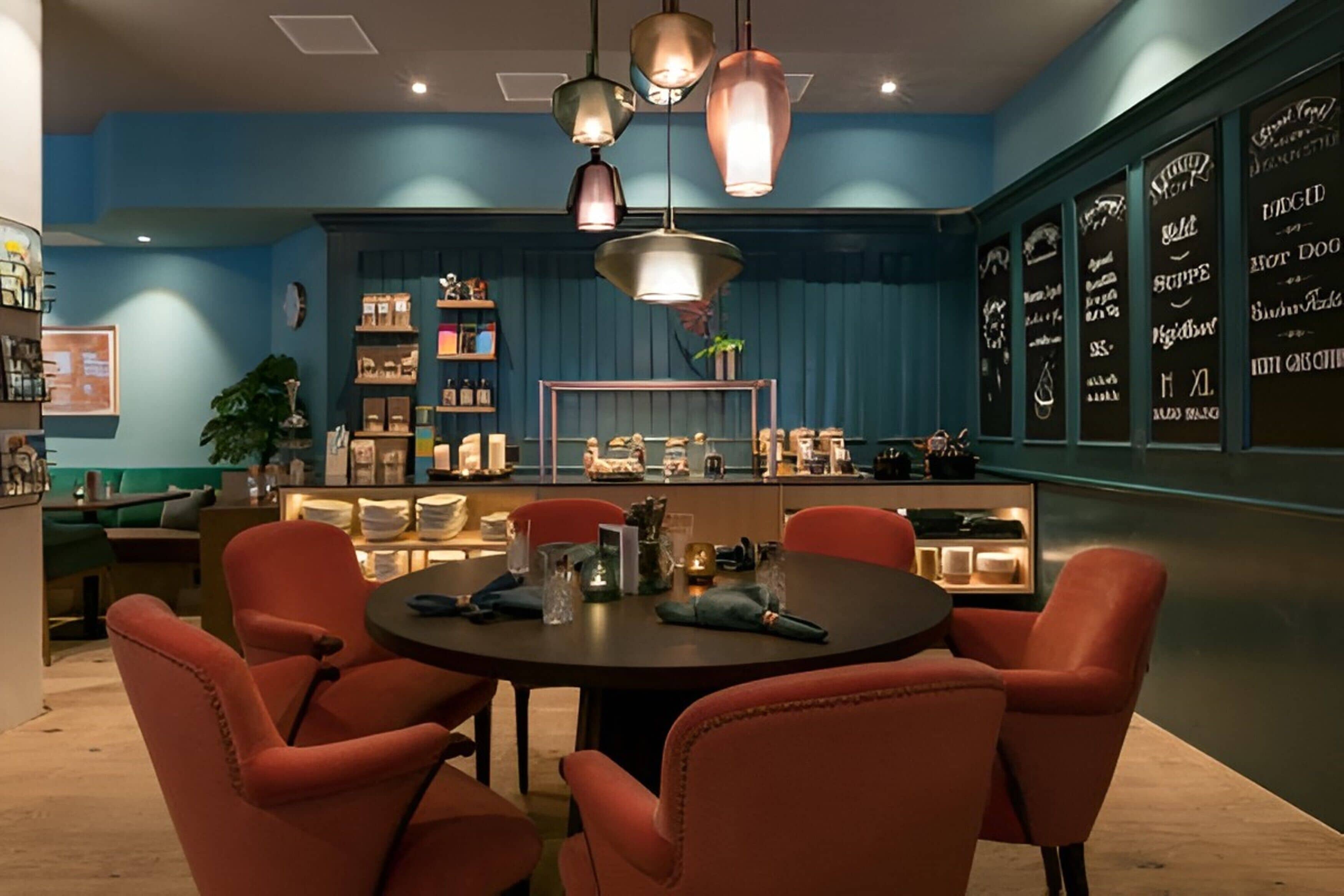 Un restaurant avec une table ronde, des chaises rouges et des luminaires suspendus.