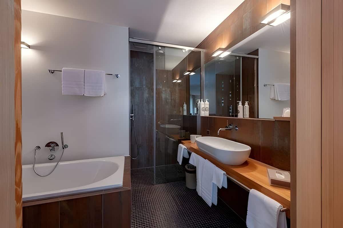 deep-soaking bathtub, hair dryer, bathrobes, towels