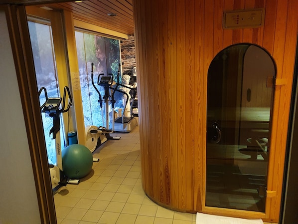 Un gimnasio con equipo de ejercicio, una pelota de ejercicio grande y una pared de madera.