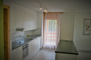 Family Penthouse | Private kitchen | Fridge, microwave, oven, stovetop - Castel Club Leysin Parc Resort (Leysin)