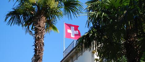 A building with a flag, palm trees, and a clear blue sky.