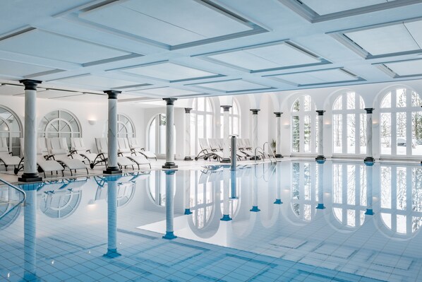 Indoor pool, outdoor pool, sun loungers