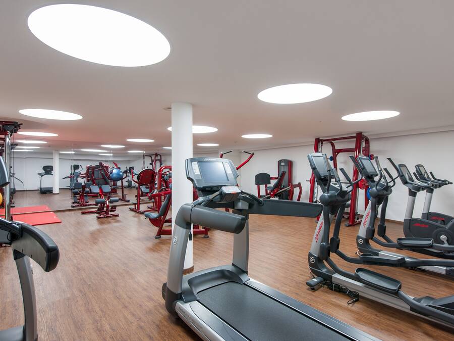 A gym with treadmills, ellipticals, and weight machines.