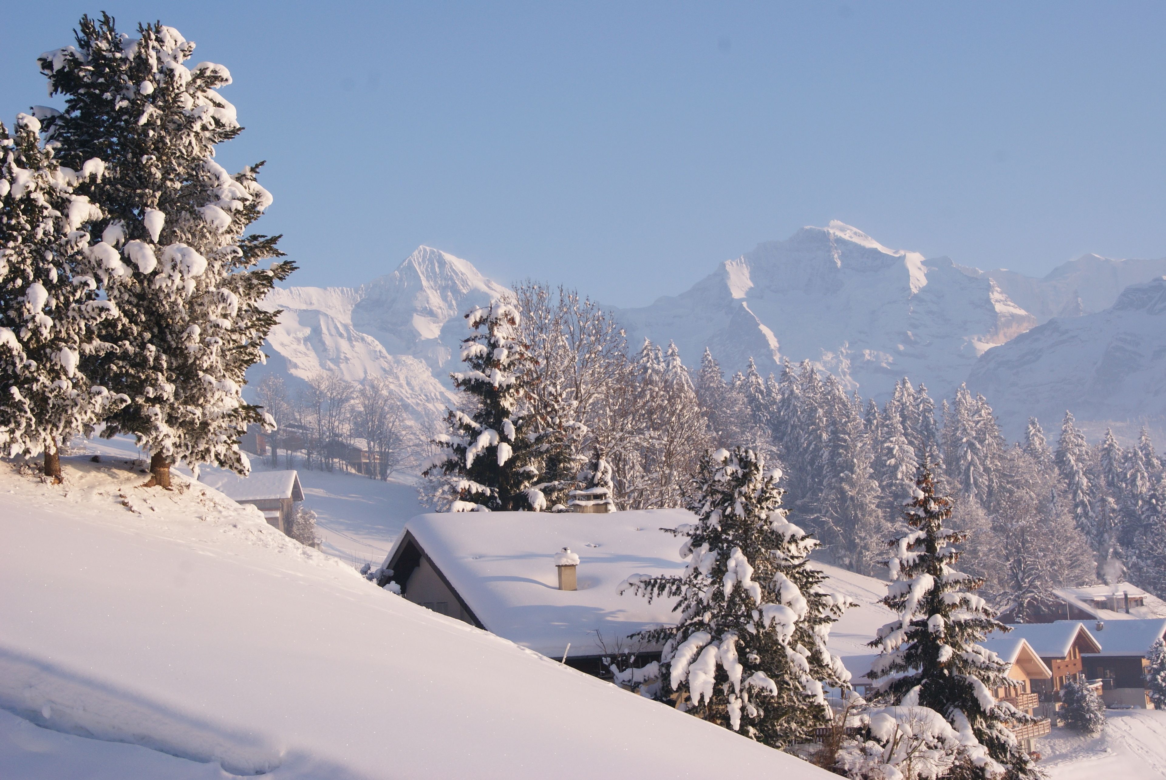 A snow-covered mountain landscape with a cabin and trees.