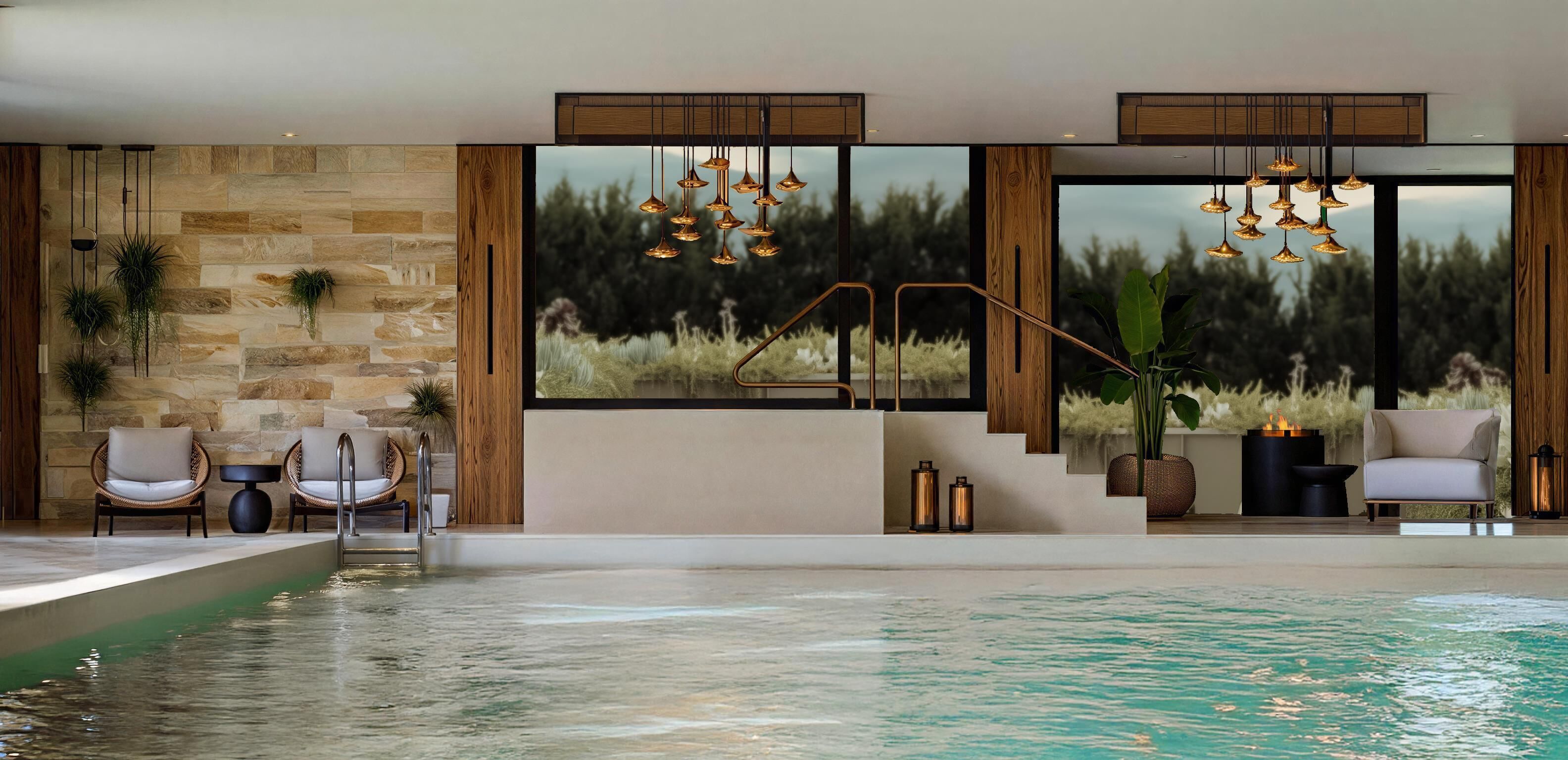 Inomhuspool och solstolar