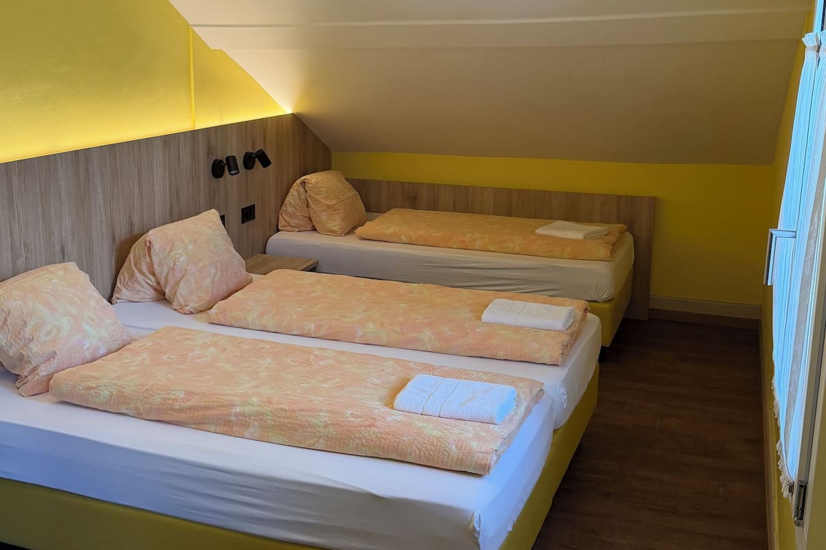 Habitación triple, baño compartido | Escritorio, tabla de planchar con plancha, cunas y wifi gratis