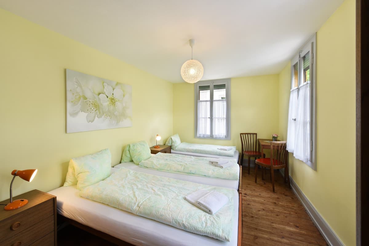 Habitación triple, baño compartido | Escritorio, tabla de planchar con plancha, cunas y wifi gratis