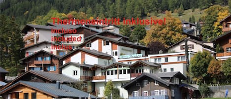 A cluster of traditional wooden buildings with a mountain backdrop, including a hotel named 'HOTEL Paradis'.