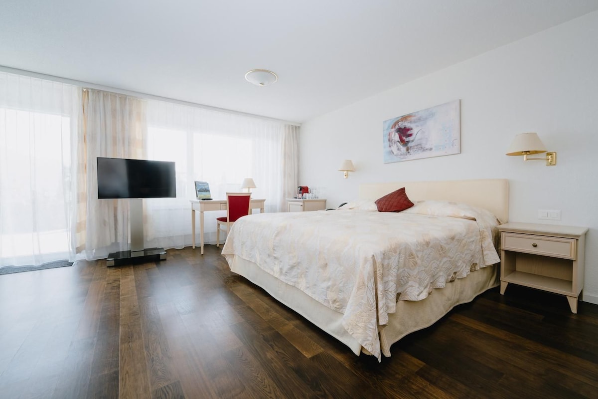 Quarto de hotel com uma cama grande, uma escrivaninha com cadeira, uma televisão e um quadro na parede.