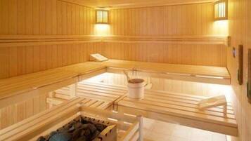 Een houten sauna met banken en een centrale verwarming.