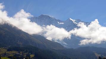 A mountainous landscape with snow-capped peaks, a valley with greenery, and a small settlement.