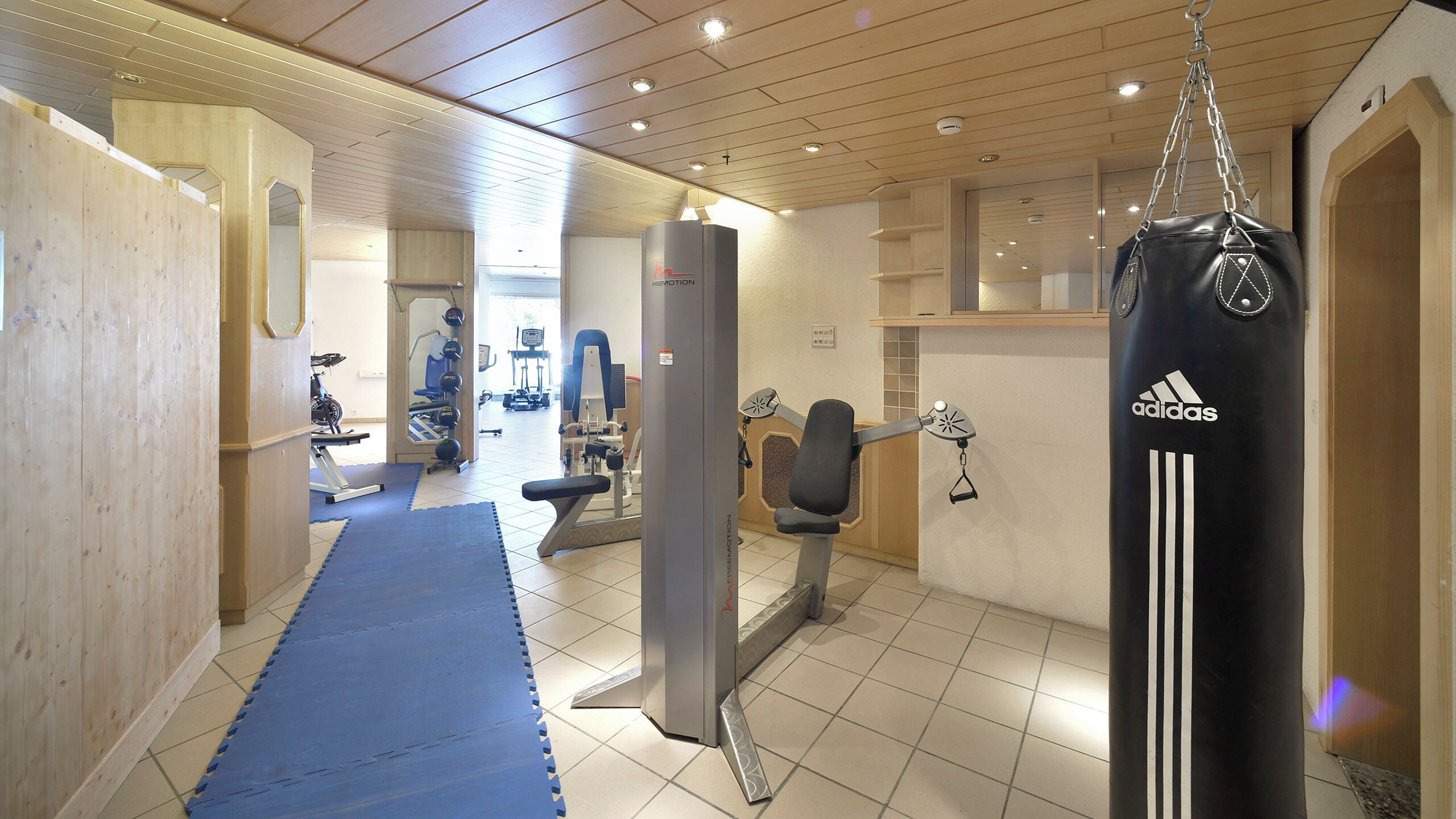 A gym with exercise equipment, a punching bag, and a blue mat.